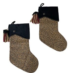 Set of 2 Lg Quality Leopard Print Black Fur Trimmed Christmas Stockings Tassels
